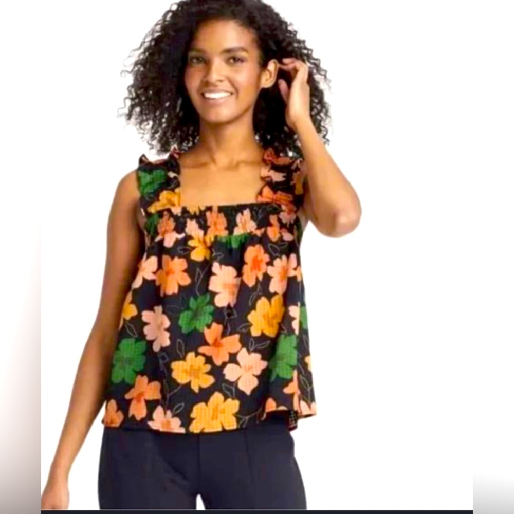 Feminine Black Floral Ruffle Strap Tank Top